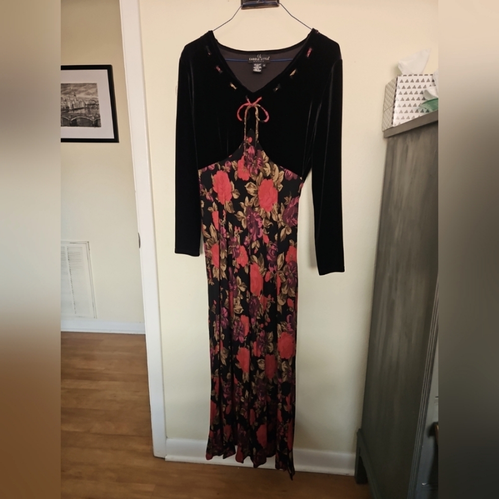 Carole Little Vintage USA Made Black Velvet Floral Boho Maxi Dress 12